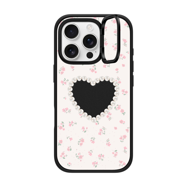 CASETiFY iPhone 16 Pro ケース マットブラック インパクトリングスタンドケース MagSafe対応 Heart,Cottagecore Pearly Heart