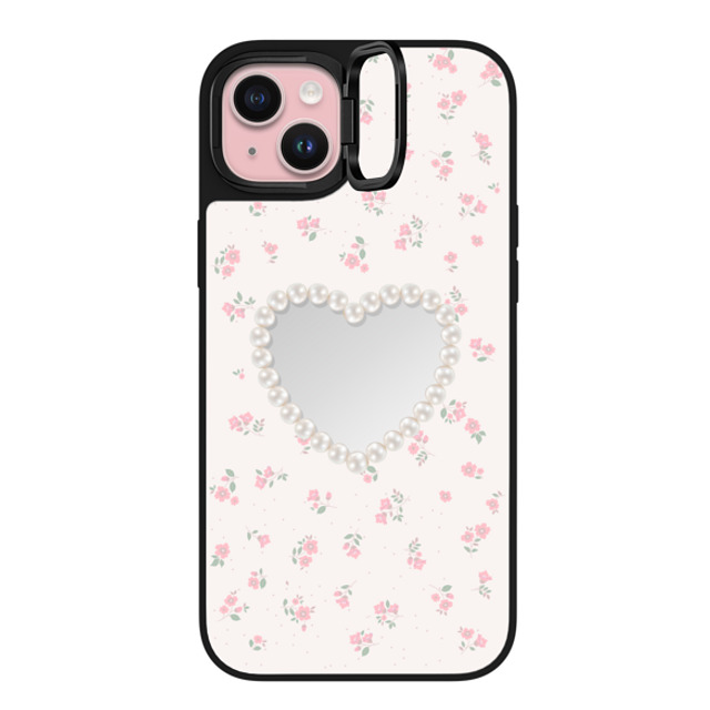 CASETiFY iPhone 15 Plus ケース Silver on Black ミラー リングスタンドケース MagSafe対応 Heart,Cottagecore Pearly Heart