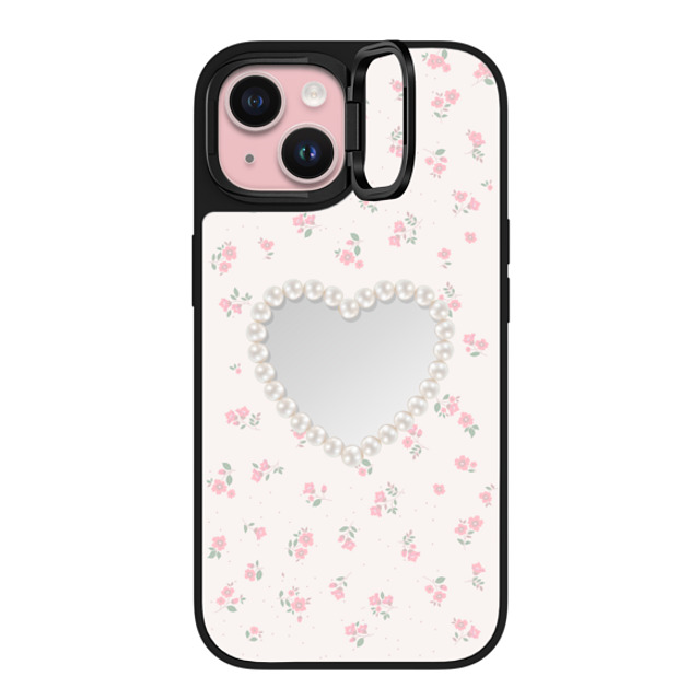 CASETiFY iPhone 15 ケース Silver on Black ミラー リングスタンドケース MagSafe対応 Heart,Cottagecore Pearly Heart