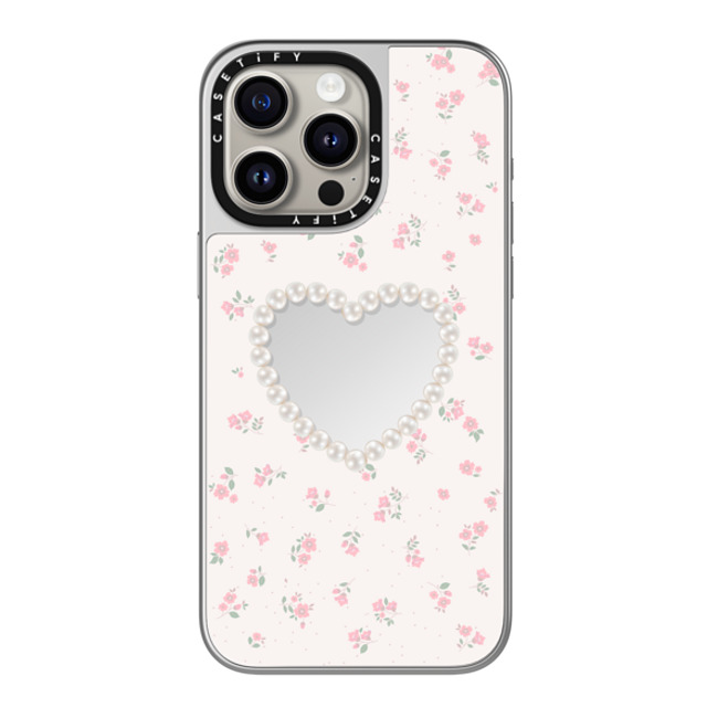 CASETiFY iPhone 15 Pro Max ケース シルバー (シルバーバンパー) ミラーケース MagSafe対応 Heart,Cottagecore Pearly Heart