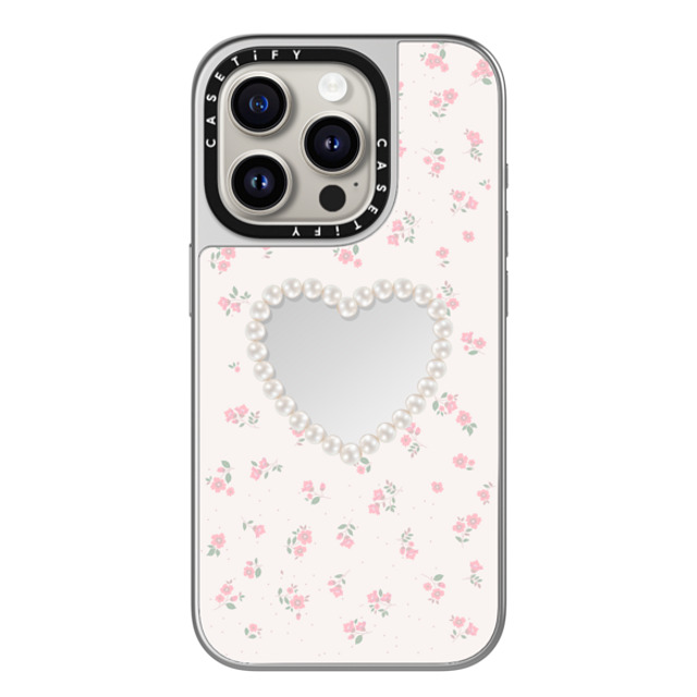 CASETiFY iPhone 15 Pro ケース シルバー (シルバーバンパー) ミラーケース MagSafe対応 Heart,Cottagecore Pearly Heart