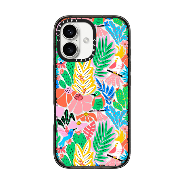 Sandra Hutter x CASETiFY iPhone 16 ケース ブラック インパクトケース MagSafe対応 Tropical Birds Jungle Rainforest Exotic Summer Pattern