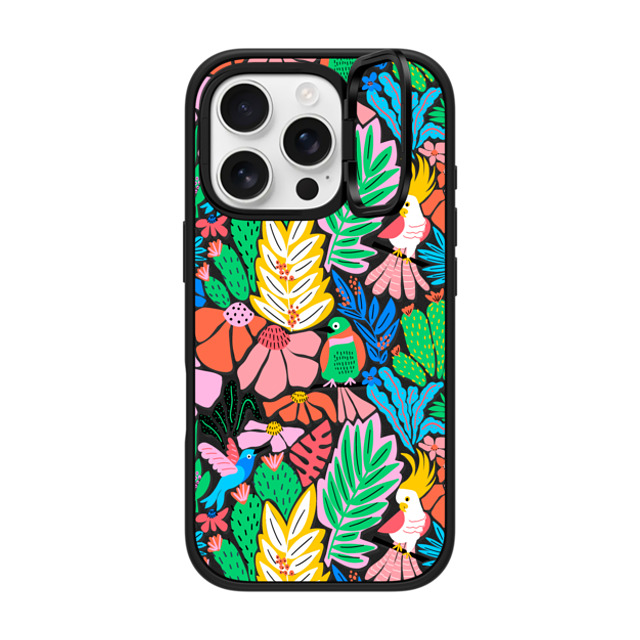 Sandra Hutter x CASETiFY iPhone 16 Pro ケース マットブラック インパクトリングスタンドケース MagSafe対応 Tropical Birds Jungle Rainforest Exotic Summer Pattern