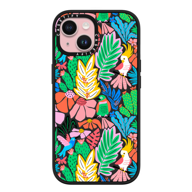 Sandra Hutter x CASETiFY iPhone 15 ケース マットブラック インパクトケース MagSafe対応 Tropical Birds Jungle Rainforest Exotic Summer Pattern