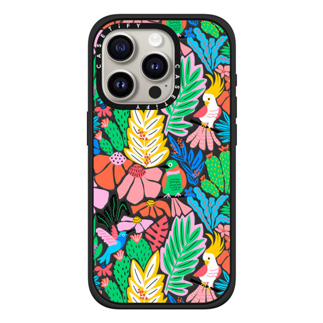 Sandra Hutter x CASETiFY iPhone 15 Pro ケース マットブラック インパクトケース MagSafe対応 Tropical Birds Jungle Rainforest Exotic Summer Pattern