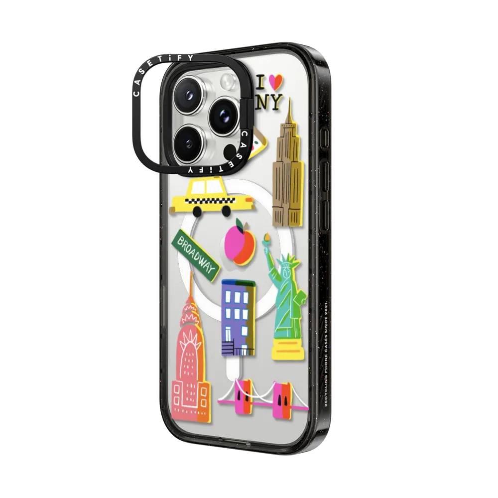 Impact Ring Stand iPhone 16 Pro Max Case MagSafe Compatible - New York City retro art - nyc symbols silkscreen and riso