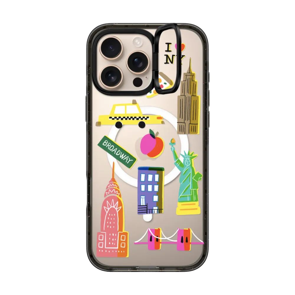 Impact Ring Stand iPhone 16 Pro Max Case MagSafe Compatible - New York City retro art - nyc symbols silkscreen and riso