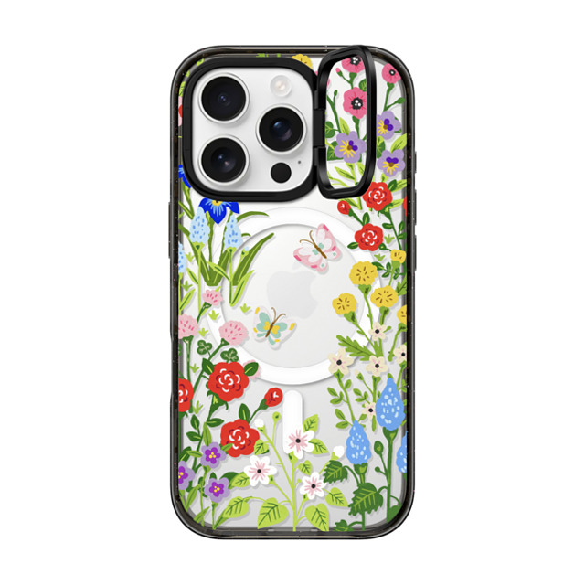 Skylar Kim x CASETiFY iPhone 16 Pro ケース ブラック インパクトリングスタンドケース MagSafe対応 Floral Garden with Butterflies