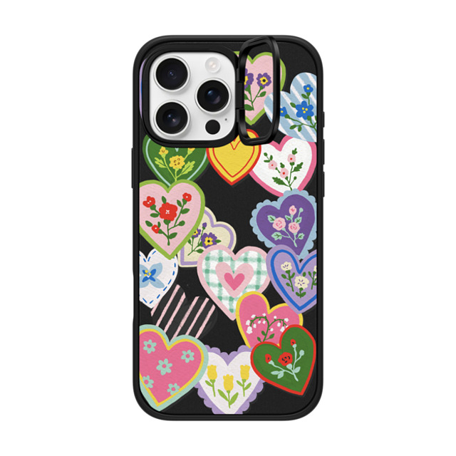 Skylar Kim x CASETiFY iPhone 16 Pro Max ケース マットブラック インパクトリングスタンドケース MagSafe対応 Lovely Heart Floral Stickers