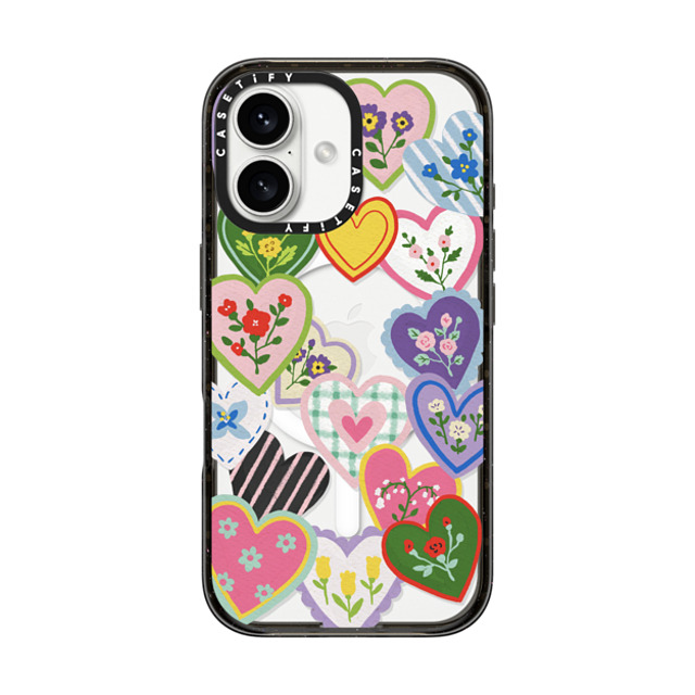 Skylar Kim x CASETiFY iPhone 16 ケース ブラック インパクトケース MagSafe対応 Lovely Heart Floral Stickers