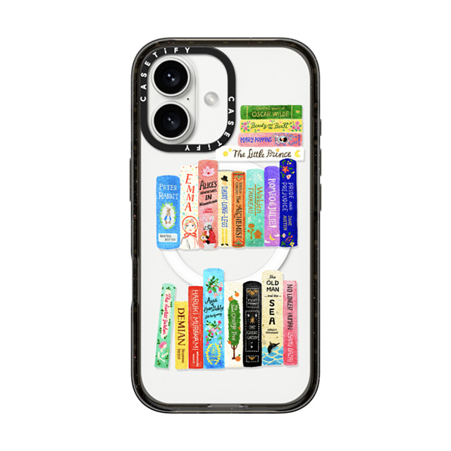 Skylar Kim x CASETiFY iPhone 16 ケース ブラック インパクトケース MagSafe対応 Books Lovers [waterclolor Bookshelf]