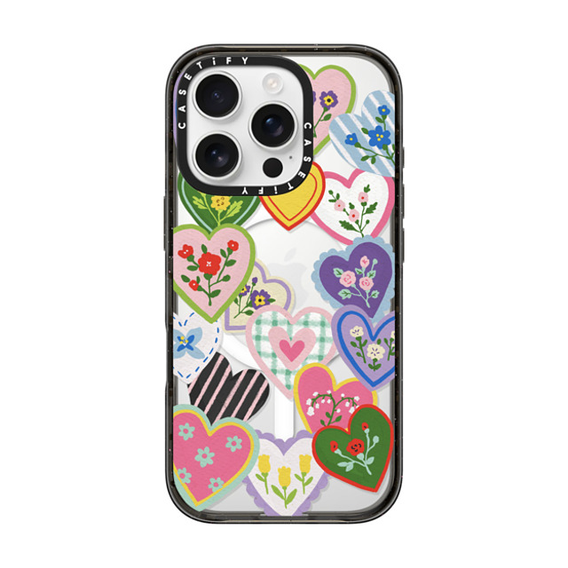 Skylar Kim x CASETiFY iPhone 16 Pro ケース ブラック インパクトケース MagSafe対応 Lovely Heart Floral Stickers