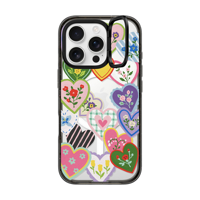 Skylar Kim x CASETiFY iPhone 16 Pro ケース ブラック インパクトリングスタンドケース MagSafe対応 Lovely Heart Floral Stickers