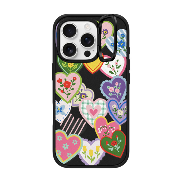 Skylar Kim x CASETiFY iPhone 16 Pro ケース マットブラック インパクトリングスタンドケース MagSafe対応 Lovely Heart Floral Stickers