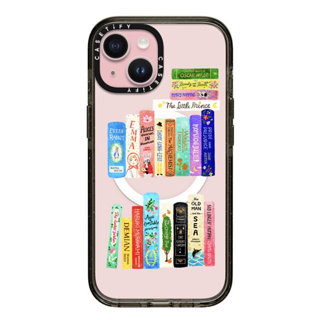 Skylar Kim x CASETiFY iPhone 15 ケース ブラック インパクトケース MagSafe対応 Books Lovers [waterclolor Bookshelf]