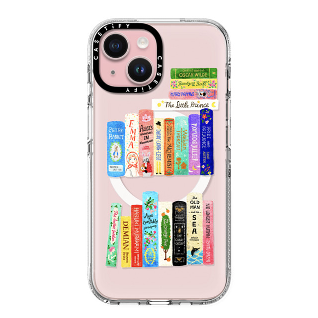 Skylar Kim x CASETiFY iPhone 15 ケース クリア クリア ケース MagSafe対応 Books Lovers [waterclolor Bookshelf]