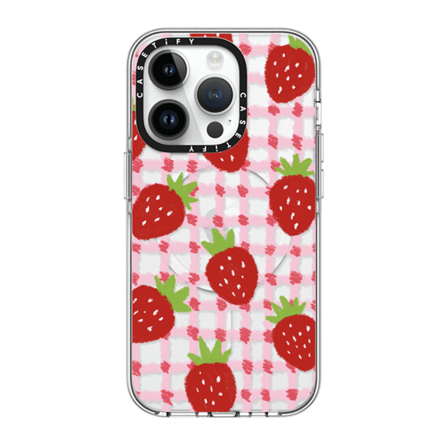 Skylar Kim x CASETiFY iPhone 14 Pro Case Clear Clear Case MagSafe Compatible sweet red strawberries with pink check pattern - crayon texture strawberry Skylar Kim x CASETiFY iPhone 14 Pro Case Clear Clear Case MagSafe Compatible sweet red strawberries with pink check pattern - crayon texture strawberry