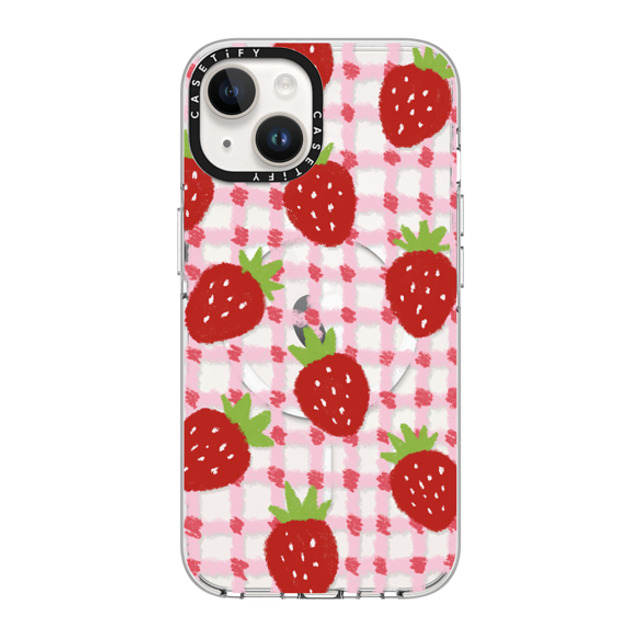 Skylar Kim x CASETiFY iPhone 14 Case Clear Clear Case MagSafe Compatible sweet red strawberries with pink check pattern - crayon texture strawberry Skylar Kim x CASETiFY iPhone 14 Case Clear Clear Case MagSafe Compatible sweet red strawberries with pink check pattern - crayon texture strawberry