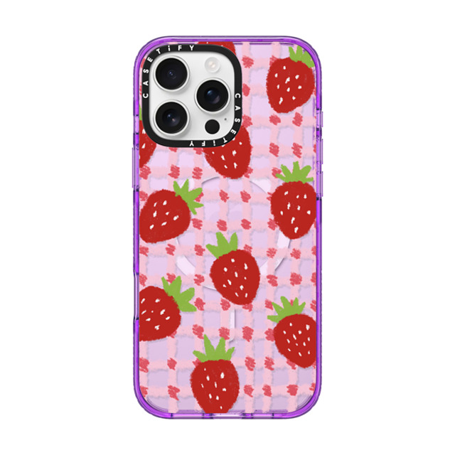 Skylar Kim x CASETiFY iPhone 16 Pro Max ケース パープル インパクトケース MagSafe対応 sweet red strawberries with pink check pattern - crayon texture strawberry
