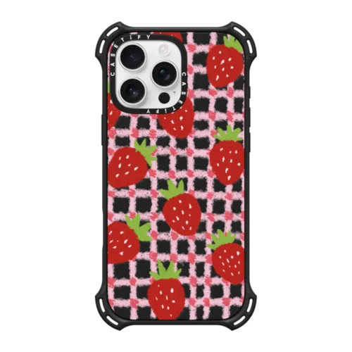 iPhone 16 Pro Max - sweet red strawberries with pink check pattern - crayon texture strawberry