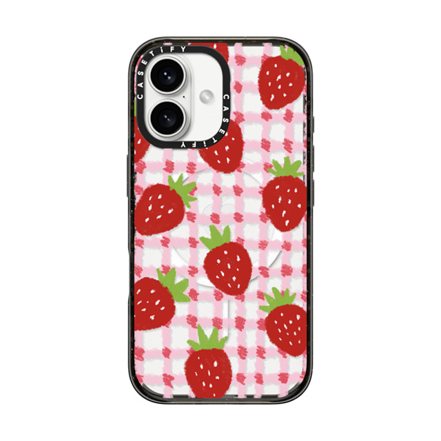 Skylar Kim x CASETiFY iPhone 16 Case Black Impact Case MagSafe Compatible sweet red strawberries with pink check pattern - crayon texture strawberry Skylar Kim x CASETiFY iPhone 16 Case Black Impact Case MagSafe Compatible sweet red strawberries with pink check pattern - crayon texture strawberry