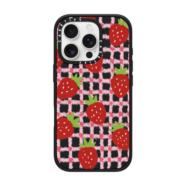 Skylar Kim x CASETiFY iPhone 16 Pro Case Matte Black Impact Case sweet red strawberries with pink check pattern - crayon texture strawberry Skylar Kim x CASETiFY iPhone 16 Pro Case Matte Black Impact Case sweet red strawberries with pink check pattern - crayon texture strawberry