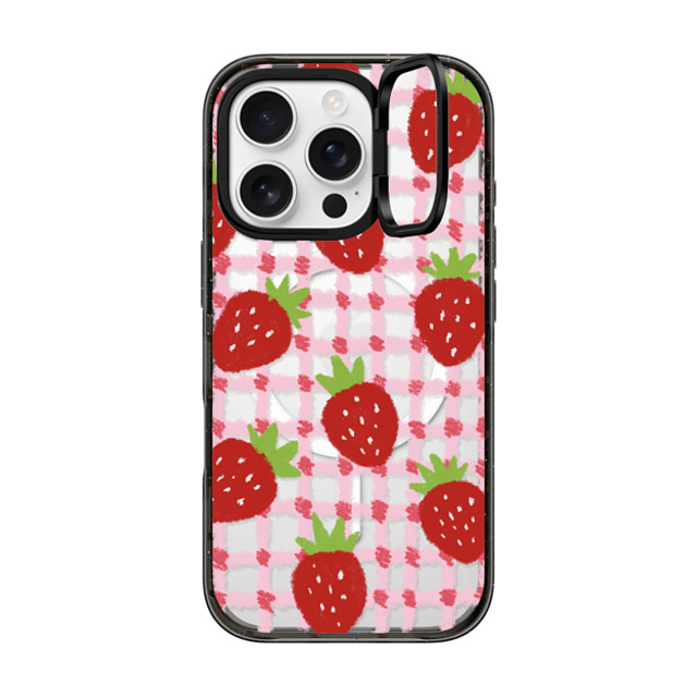 Skylar Kim x CASETiFY iPhone 16 Pro Case Black インパクトリングスタンドケース MagSafe対応 sweet red strawberries with pink check pattern - crayon texture strawberry Skylar Kim x CASETiFY iPhone 16 Pro Case Black インパクトリングスタンドケース MagSafe対応 sweet red strawberries with pink check pattern - crayon texture strawberry