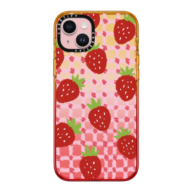 Skylar Kim x CASETiFY iPhone 15 Plus ケース Peach Haze インパクトケース sweet red strawberries with pink check pattern - crayon texture strawberry