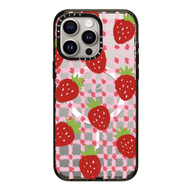 Skylar Kim x CASETiFY iPhone 15 Pro Max Case Black Impact Case MagSafe Compatible sweet red strawberries with pink check pattern - crayon texture strawberry Skylar Kim x CASETiFY iPhone 15 Pro Max Case Black Impact Case MagSafe Compatible sweet red strawberries with pink check pattern - crayon texture strawberry