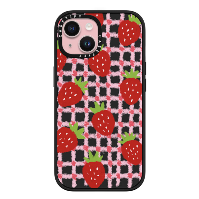 Skylar Kim x CASETiFY iPhone 15 Case Matte Black Impact Case MagSafe Compatible sweet red strawberries with pink check pattern - crayon texture strawberry Skylar Kim x CASETiFY iPhone 15 Case Matte Black Impact Case MagSafe Compatible sweet red strawberries with pink check pattern - crayon texture strawberry