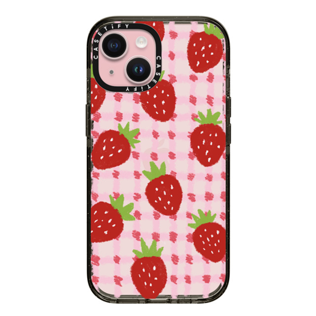 Skylar Kim x CASETiFY iPhone 15 Case Black Impact Case sweet red strawberries with pink check pattern - crayon texture strawberry Skylar Kim x CASETiFY iPhone 15 Case Black Impact Case sweet red strawberries with pink check pattern - crayon texture strawberry
