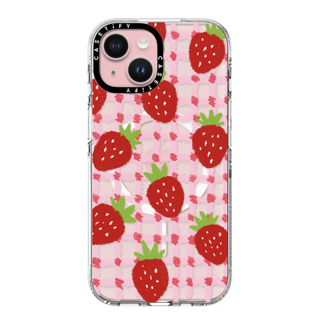 Skylar Kim x CASETiFY iPhone 15 Case Clear Clear Case MagSafe Compatible sweet red strawberries with pink check pattern - crayon texture strawberry Skylar Kim x CASETiFY iPhone 15 Case Clear Clear Case MagSafe Compatible sweet red strawberries with pink check pattern - crayon texture strawberry