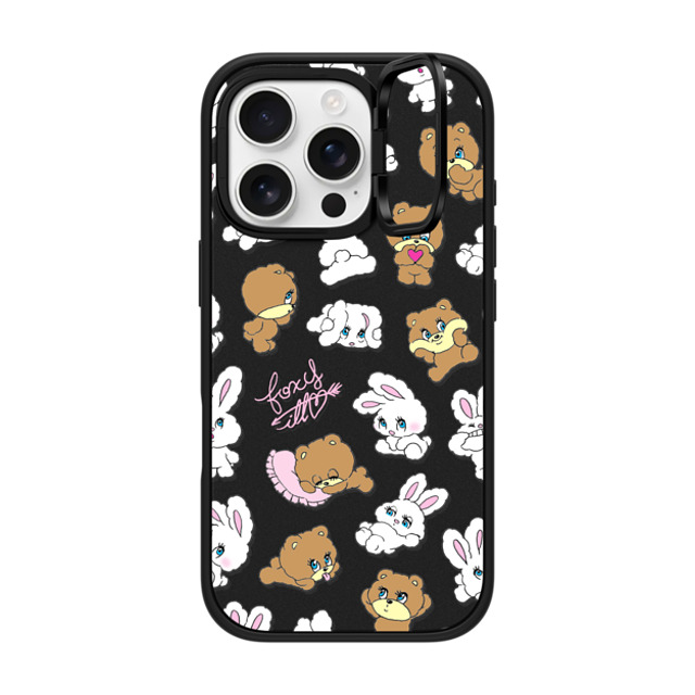 foxy illustrations x CASETiFY iPhone 16 Pro ケース マットブラック インパクトリングスタンドケース MagSafe対応 Bunny-Bear Mix