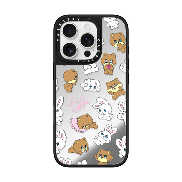 foxy illustrations x CASETiFY iPhone 16 Pro ケース Silver on Black ミラーケース MagSafe対応 Bunny-Bear Mix