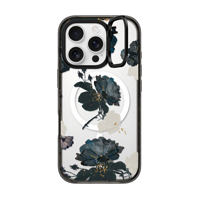 CASETiFY iPhone 16 Pro ケース ブラック インパクトリングスタンドケース MagSafe対応 White and Black Floral ramonadesigns