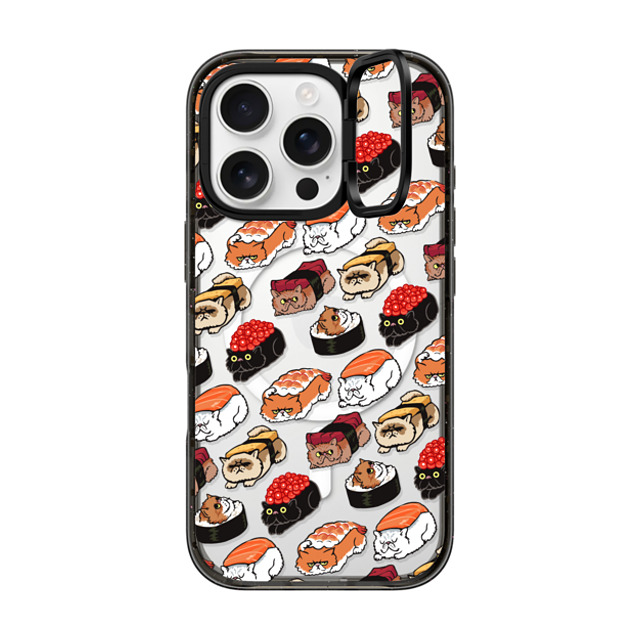 Huebucket x CASETiFY iPhone 16 Pro ケース ブラック インパクトリングスタンドケース MagSafe対応 Sushi Persian Cat