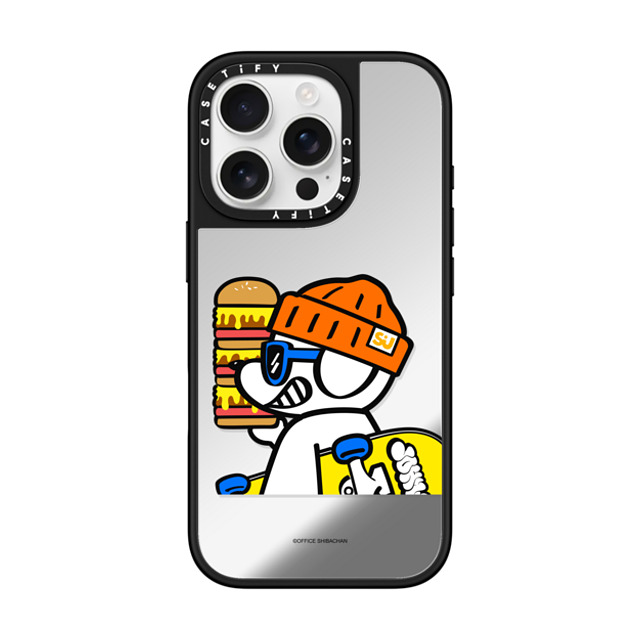 Skater JOHN x CASETiFY iPhone 16 Pro ケース Silver on Black ミラーケース MagSafe対応 What's UP JOHN! (Mega burger)