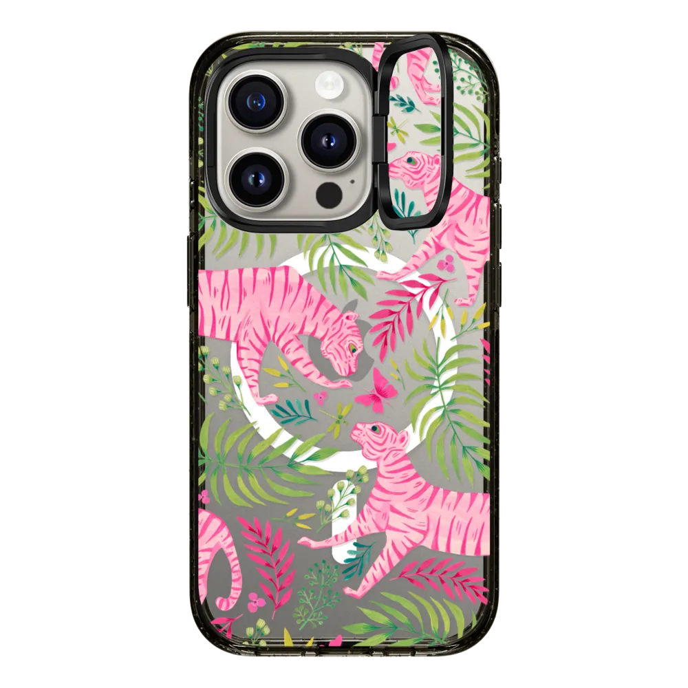 Impact Ring Stand iPhone 15 Pro Case MagSafe Compatible - Pink Tigers by Grace Andersson