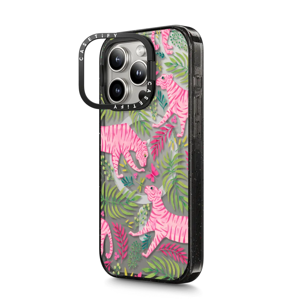 Impact Ring Stand iPhone 15 Pro Case MagSafe Compatible - Pink Tigers by Grace Andersson