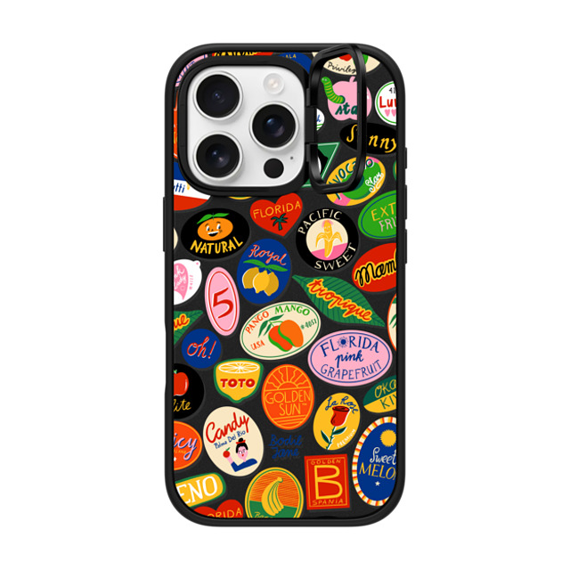 Bodil Jane x CASETiFY iPhone 16 Pro ケース マットブラック インパクトリングスタンドケース MagSafe対応 FRUIT STICKERS