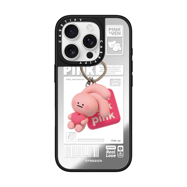 Pink & Ven x CASETiFY iPhone 16 Pro ケース Silver on Black ミラーケース MagSafe対応 PINK KEYCHAIN